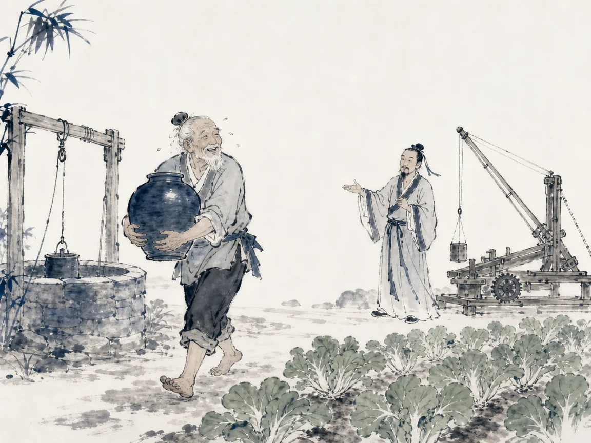 Elderly rustic gardener carrying heavy clay water pot from deep stone well to irrigate vegetable patch with peaceful smile in rustic agrarian Chinese ink painting with grounded textures, illustrating choosing pure simplicity over cunning mechanical contrivances that breed restless minds on ChiDestiny