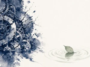 Gardener watering flowers with simple bamboo ladle while complicated motorized pump sits silent in shed in pastoral agrarian Chinese ink wash painting, illustrating guarding the quiet spirit against mechanical agitation and efficiency addiction on ChiDestiny