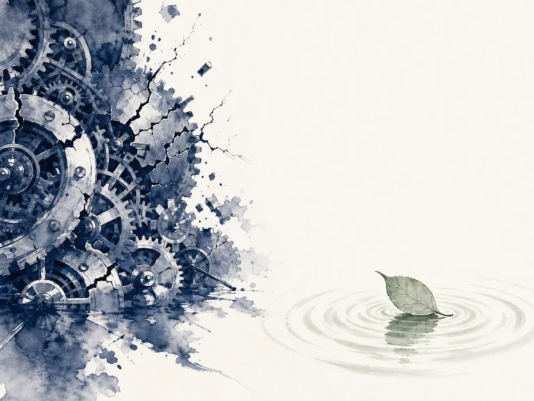 Gardener watering flowers with simple bamboo ladle while complicated motorized pump sits silent in shed in pastoral agrarian Chinese ink wash painting, illustrating guarding the quiet spirit against mechanical agitation and efficiency addiction on ChiDestiny