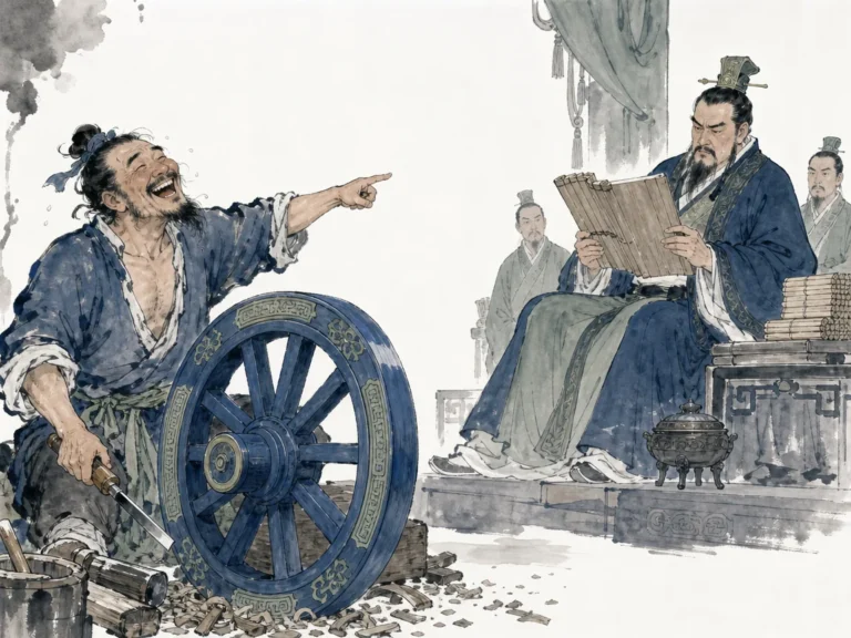 Old artisan wheelwright chiseling curved wooden wheel hub in workshop while ruler reads ancient parchment nearby in detailed workshop narrative ink art with authentic tool textures, illustrating intuitive unwritten craftsmanship versus dead words on ancient parchment on ChiDestiny