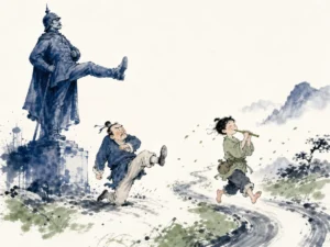 Solitary walker striding comfortably along narrow mountain foot trail while highway traffic stalls in gridlock below in spacious Chinese landscape wash contrasting speed and peace, illustrating abandoning the urge to copy standardized career formulas on ChiDestiny