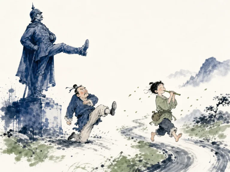 Solitary walker striding comfortably along narrow mountain foot trail while highway traffic stalls in gridlock below in spacious Chinese landscape wash contrasting speed and peace, illustrating abandoning the urge to copy standardized career formulas on ChiDestiny
