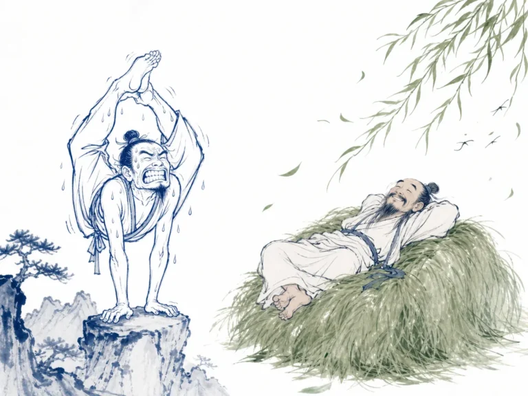 Scholar strolling unhurriedly through bamboo grove with relaxed shoulders and open posture in relaxed literati ink sketch capturing effortless presence, illustrating cultivating genuine inner dignity without performative spirituality on ChiDestiny