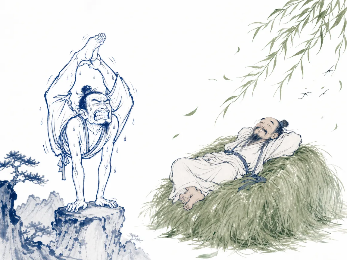 Scholar strolling unhurriedly through bamboo grove with relaxed shoulders and open posture in relaxed literati ink sketch capturing effortless presence, illustrating cultivating genuine inner dignity without performative spirituality on ChiDestiny