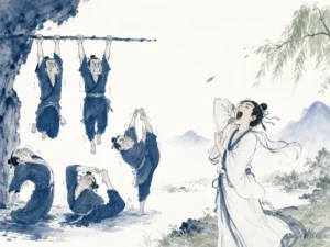 Serene mountain wanderer breathing morning mist on precipice without self-conscious ascetic postures in clean understated monochrome brushwork with vast open sky, illustrating natural spiritual loftiness achieved without strained asceticism or showing off on ChiDestiny