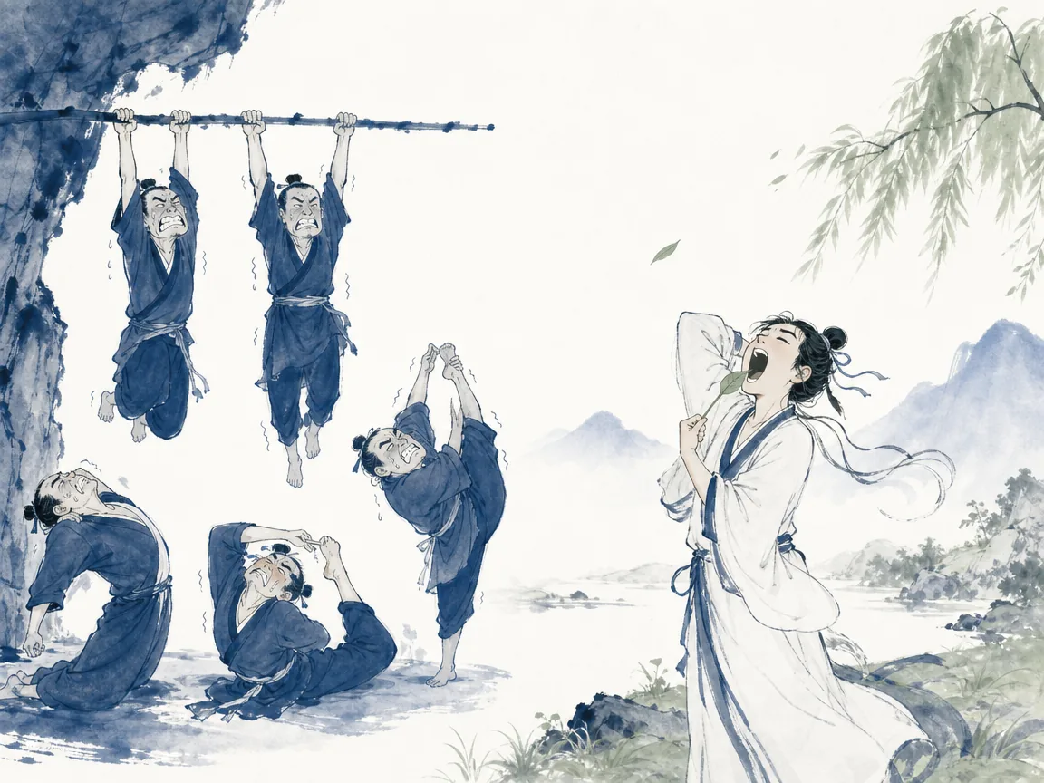Serene mountain wanderer breathing morning mist on precipice without self-conscious ascetic postures in clean understated monochrome brushwork with vast open sky, illustrating natural spiritual loftiness achieved without strained asceticism or showing off on ChiDestiny