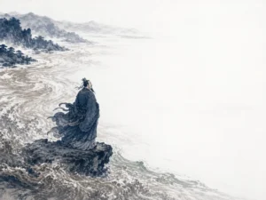 Lord of the Yellow River standing on muddy riverbank gazing in awe at the infinite horizon of the boundless ocean in epic sweeping horizontal ink wash with dramatic sea mist, illustrating transcending narrow perspectives like the frog in the well meeting the ocean on ChiDestiny