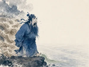 Small frog sitting on rim of ancient stone well looking up in amazement at soaring eagles in open sky in humorous and profound Chinese ink cartoon study, illustrating recognizing the limits of personal worldview through autumn floods humility on ChiDestiny