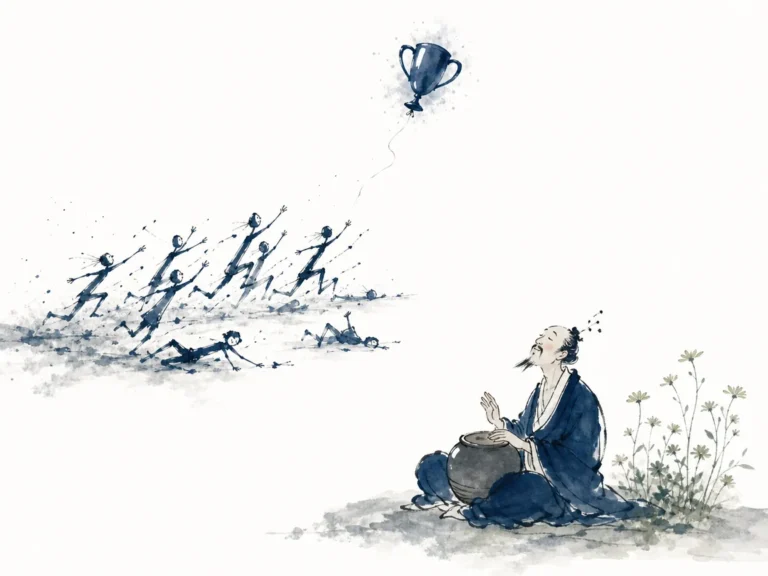 Person smiling contentedly while sitting under rustic porch in gentle rain with steaming cup of tea in warm tranquil domestic ink painting with delicate rain lines, illustrating unconditional peace that arises when compulsive pleasure-seeking ceases on ChiDestiny