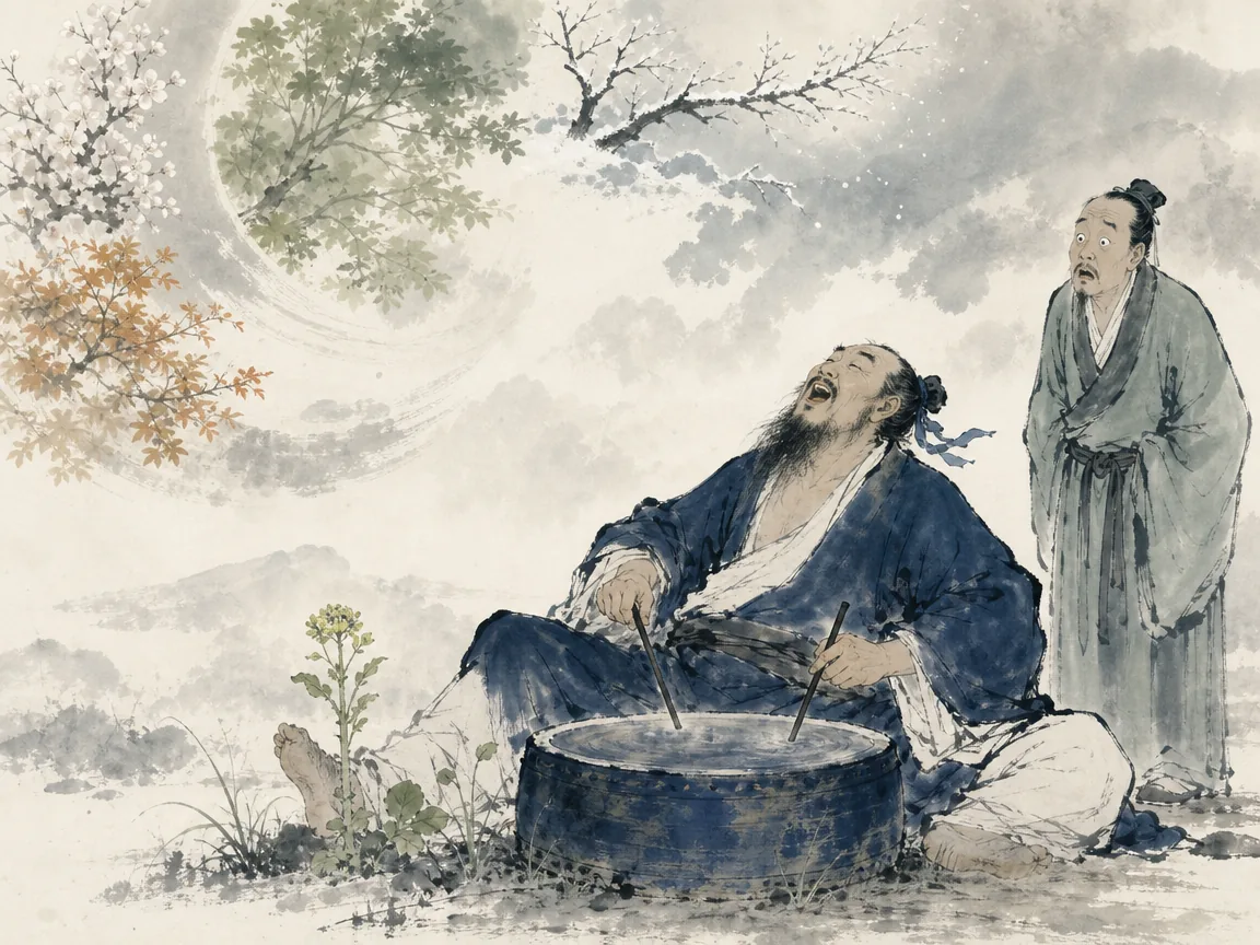 Zhuangzi sitting cross-legged on riverbank drumming rhythmically on an upturned clay basin with joyful serene expression in spirited humanist Chinese ink wash portrait, illustrating singing with a bashed tub upon death and discovering perfect joy beyond pain on ChiDestiny