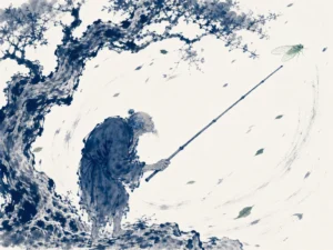 Swimmer emerging effortlessly and smiling from violent churning whirlpool beneath towering granite waterfall in powerful dynamic water strokes meeting calm human grace in ink, illustrating navigating turbulent currents by following water's nature rather than fighting force on ChiDestiny