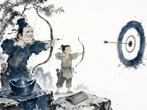 Archer calmly drawing bow with eyes relaxed on distant mountain target without trembling hands in focused balanced monochrome ink drawing with strong poise, illustrating mastering flow state by removing attachment to external prizes on ChiDestiny