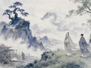 Towering spreading mountain pine tree providing shelter to birds on slope between timber cutters and village gardens in majestic classical literati landscape with deep forest textures, illustrating dwelling gracefully between usefulness and uselessness in the dragon-snake realm on ChiDestiny