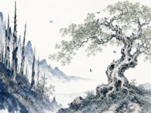 Sprawling shady tree with twisted branches welcoming tired travelers while straight timber logs lie stacked for lumber in comforting Chinese landscape wash with generous canopy shade, illustrating liberating oneself from the exhaustion of constantly demonstrating usefulness on ChiDestiny