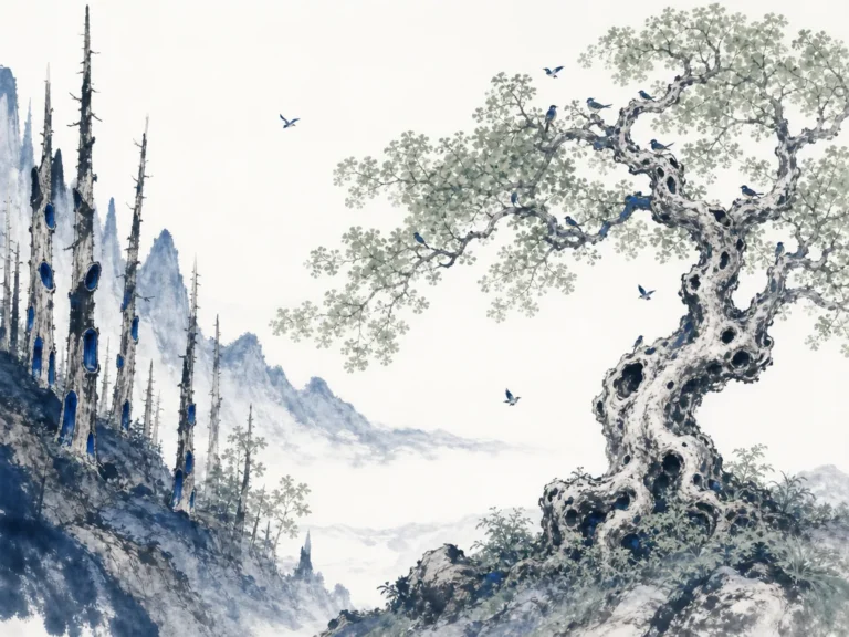 Sprawling shady tree with twisted branches welcoming tired travelers while straight timber logs lie stacked for lumber in comforting Chinese landscape wash with generous canopy shade, illustrating liberating oneself from the exhaustion of constantly demonstrating usefulness on ChiDestiny