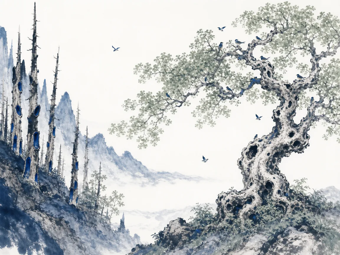 Sprawling shady tree with twisted branches welcoming tired travelers while straight timber logs lie stacked for lumber in comforting Chinese landscape wash with generous canopy shade, illustrating liberating oneself from the exhaustion of constantly demonstrating usefulness on ChiDestiny