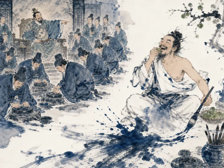 Painter sitting half-unclothed on wooden floor with ink brush in hand, surrounded by spontaneous bold landscape sketches in unconventional expressive ink painting with loose brush energy, illustrating authentic uninhibited creativity free from courtly formalities and rigid decorum on ChiDestiny