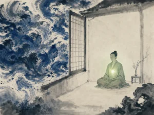 Single lantern glowing steadfastly inside dark library study while wind howls harmlessly outside in rich chiaroscuro ink painting with warm glowing center, illustrating settling mental turbulence through deep internal groundedness on ChiDestiny