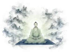Solitary scholar seated quietly in simple stone cave while radiant dawn light pours through unbarred archway in luminous ink wash contrasting deep cave shadow with warm morning light, illustrating when the internal space settles in quiet stillness, heavenly radiance emanates naturally on ChiDestiny