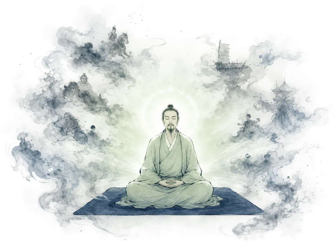 Solitary scholar seated quietly in simple stone cave while radiant dawn light pours through unbarred archway in luminous ink wash contrasting deep cave shadow with warm morning light, illustrating when the internal space settles in quiet stillness, heavenly radiance emanates naturally on ChiDestiny