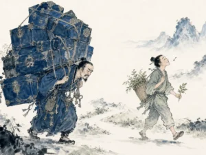 Wealthy merchant resting head on hand amidst luxurious silk cushions gazing wistfully at birds outside in nuanced psychological character study in Chinese ink wash, illustrating discerning genuine emotional fulfillment from materialistic accumulation on ChiDestiny