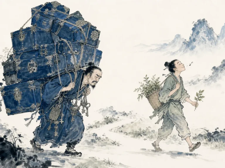 Wealthy merchant resting head on hand amidst luxurious silk cushions gazing wistfully at birds outside in nuanced psychological character study in Chinese ink wash, illustrating discerning genuine emotional fulfillment from materialistic accumulation on ChiDestiny