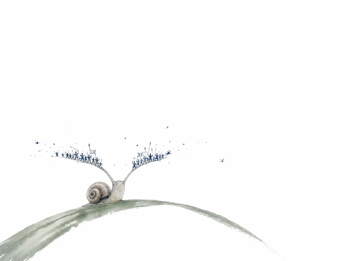 Magnifying glass focused on two tiny beetles wrestling on leaf while towering Himalayas rise silently behind in humorous and profound ink cartoon contrasting miniature and cosmic scale, illustrating releasing petty workplace and social media feuds through cosmic perspective on ChiDestiny