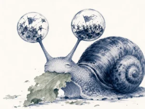 Close-up of a small garden snail on wet morning leaf with tiny glistening antennae against vast distant mountain range in whimsical micro-to-macro ink wash composition, illustrating the absurd vanity of human wars and empires fought on the tiny horns of a snail on ChiDestiny