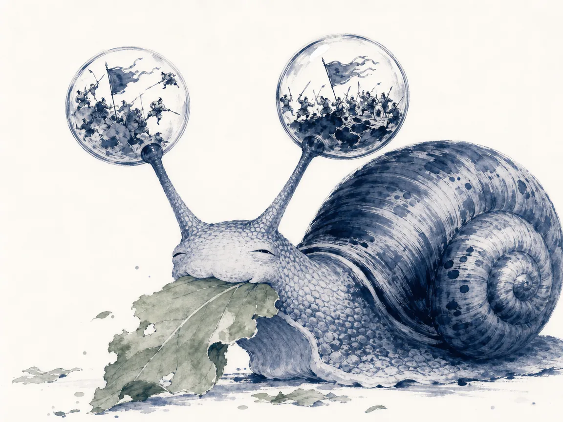 Close-up of a small garden snail on wet morning leaf with tiny glistening antennae against vast distant mountain range in whimsical micro-to-macro ink wash composition, illustrating the absurd vanity of human wars and empires fought on the tiny horns of a snail on ChiDestiny