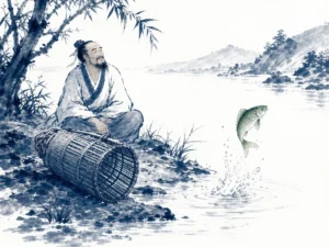 Person walking through flowering meadow holding smartphone behind back while gazing up at mountain clouds in contemporary ink cartoon blending modern technology and Daoist nature, illustrating reclaiming human agency when instruments threaten to dominate life on ChiDestiny