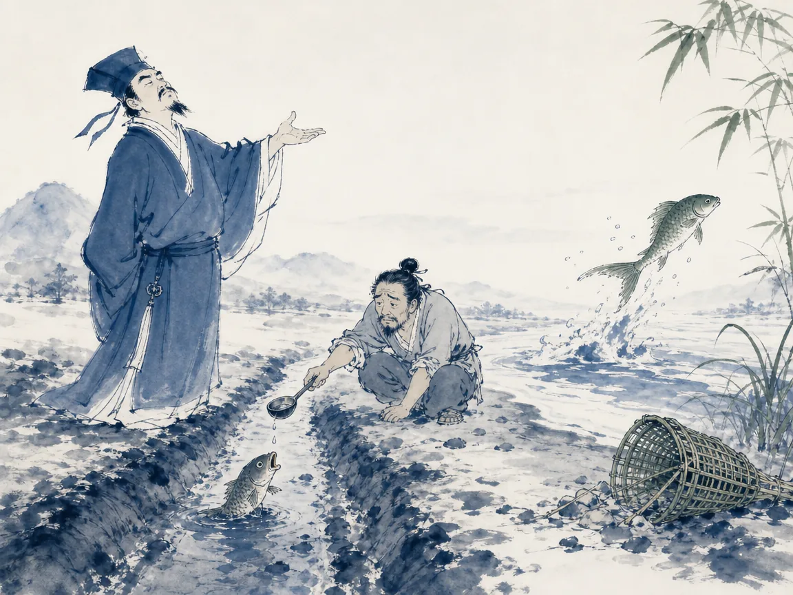 Woven bamboo fish basket resting abandoned on river sandbar while silver fish swim freely in clear water in poetic minimalist literati ink painting, illustrating the trap exists for the fish; once you have the fish, forget the trap on ChiDestiny
