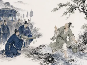 Noble sage in straw hat tending melon vines by quiet riverbank ignoring kneeling royal messenger bearing jade crown in dramatic narrative literati brushwork with pastoral peace, illustrating valuing personal vitality and inner integrity above the burden of ruling empires on ChiDestiny