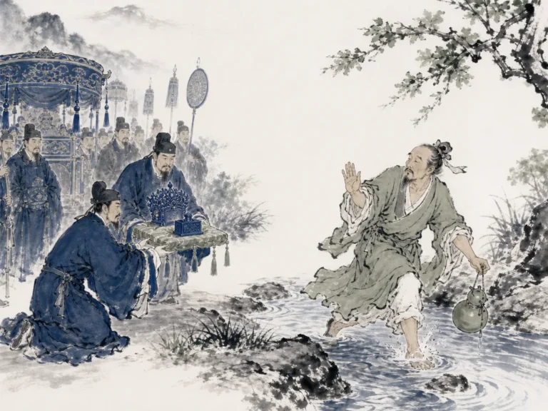 Noble sage in straw hat tending melon vines by quiet riverbank ignoring kneeling royal messenger bearing jade crown in dramatic narrative literati brushwork with pastoral peace, illustrating valuing personal vitality and inner integrity above the burden of ruling empires on ChiDestiny