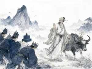 Hiker with light canvas backpack standing joyfully at mountain summit admiring wide panorama without fences in exhilarating panoramic Chinese landscape in fresh ink tones, illustrating genuine possession is experiencing the world without needing to hoard it on ChiDestiny