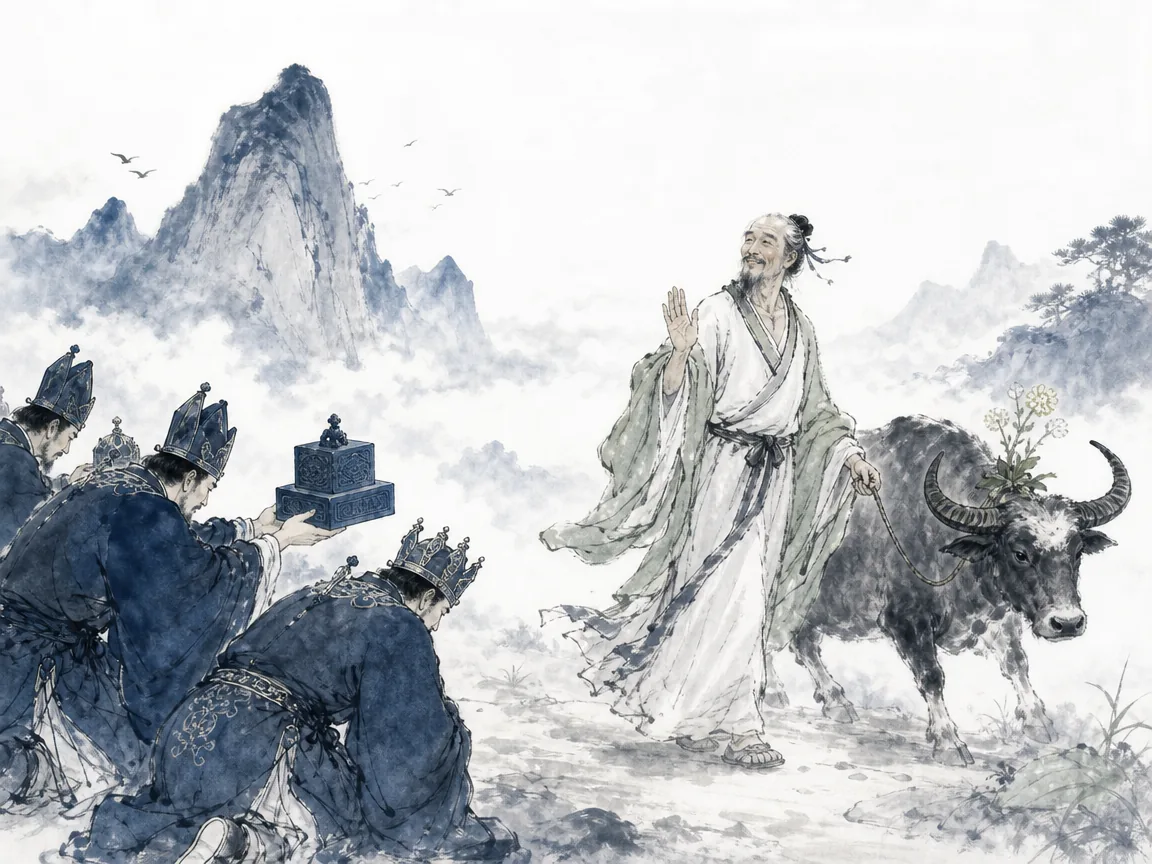Hiker with light canvas backpack standing joyfully at mountain summit admiring wide panorama without fences in exhilarating panoramic Chinese landscape in fresh ink tones, illustrating genuine possession is experiencing the world without needing to hoard it on ChiDestiny