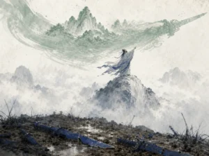 Majestic celestial broadsword composed of mountain ranges and stormy heavens sheathed in cosmic clouds in epic visionary Chinese landscape and martial ink art, illustrating the supreme ruler's sword that cleaves through cloud barriers and harmonizes heaven and earth on ChiDestiny