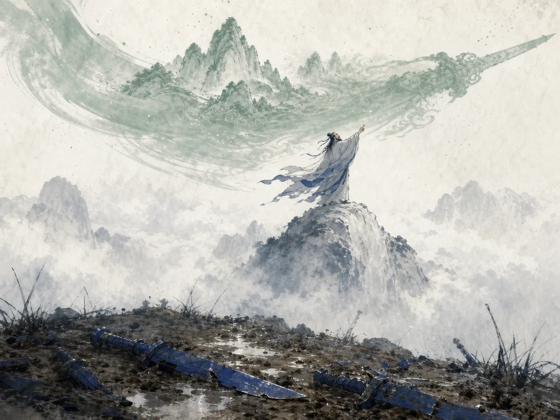 Majestic celestial broadsword composed of mountain ranges and stormy heavens sheathed in cosmic clouds in epic visionary Chinese landscape and martial ink art, illustrating the supreme ruler's sword that cleaves through cloud barriers and harmonizes heaven and earth on ChiDestiny