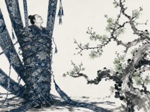 Heavy stone statue of ancient judge casting long rigid shadow across fragile budding garden shoots in somber thought-provoking Chinese monochrome art, illustrating recognizing the subconscious aggression in self-righteous moral posturing on ChiDestiny