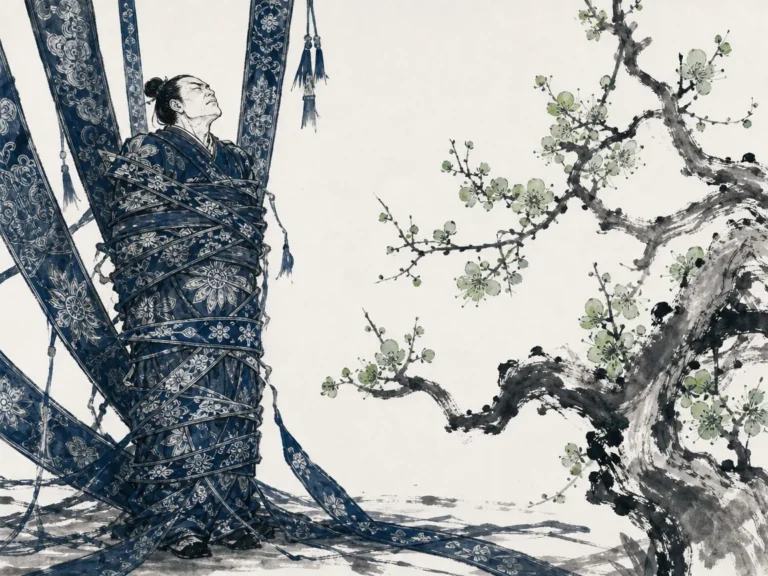 Heavy stone statue of ancient judge casting long rigid shadow across fragile budding garden shoots in somber thought-provoking Chinese monochrome art, illustrating recognizing the subconscious aggression in self-righteous moral posturing on ChiDestiny