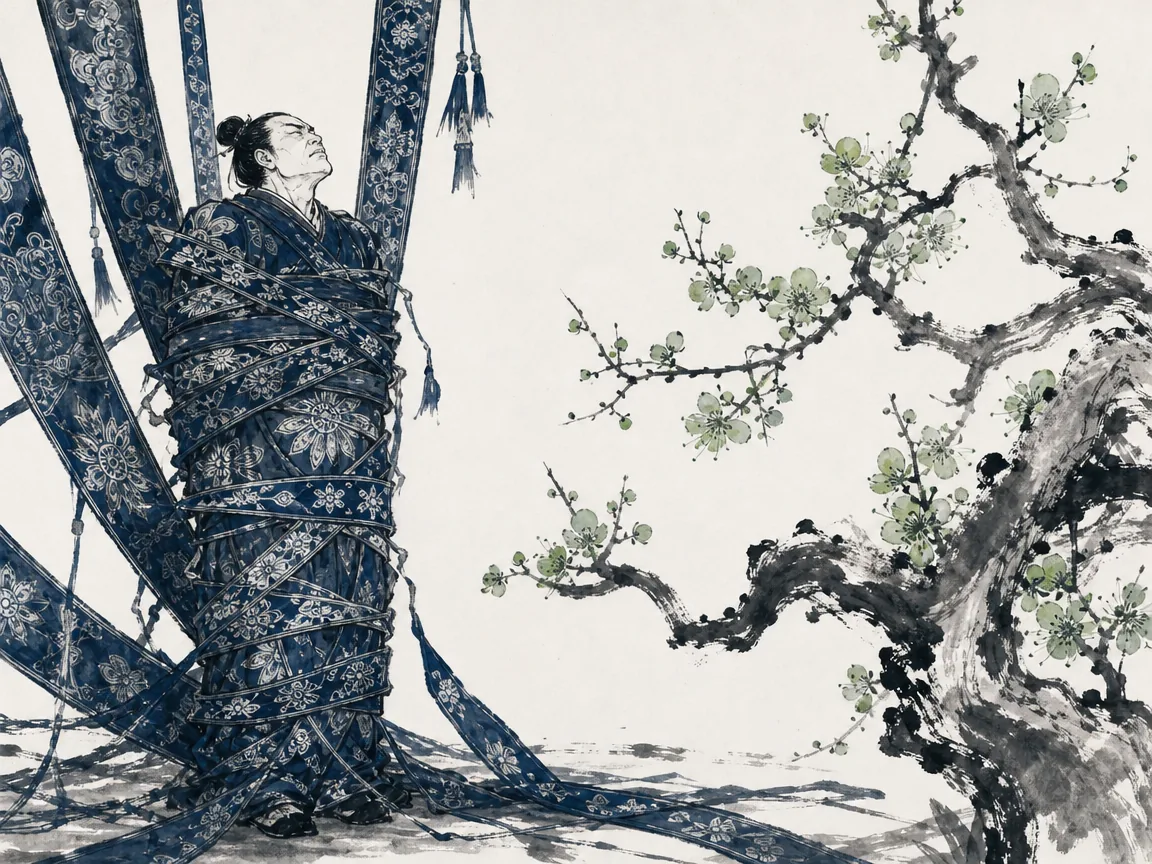 Heavy stone statue of ancient judge casting long rigid shadow across fragile budding garden shoots in somber thought-provoking Chinese monochrome art, illustrating recognizing the subconscious aggression in self-righteous moral posturing on ChiDestiny