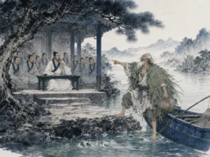 White-haired fisherman pushing off in small wooden skiff with reed pole into glassy mist-laden river at dusk in serene lyrical Song-dynasty style ink landscape, illustrating natural spontaneous truth received from heaven versus exhausting artificial rites on ChiDestiny