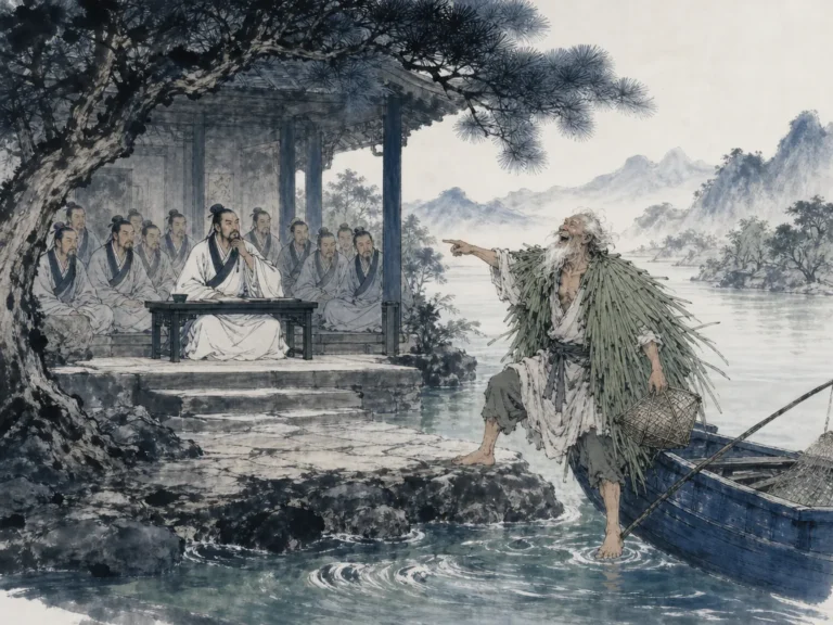 White-haired fisherman pushing off in small wooden skiff with reed pole into glassy mist-laden river at dusk in serene lyrical Song-dynasty style ink landscape, illustrating natural spontaneous truth received from heaven versus exhausting artificial rites on ChiDestiny