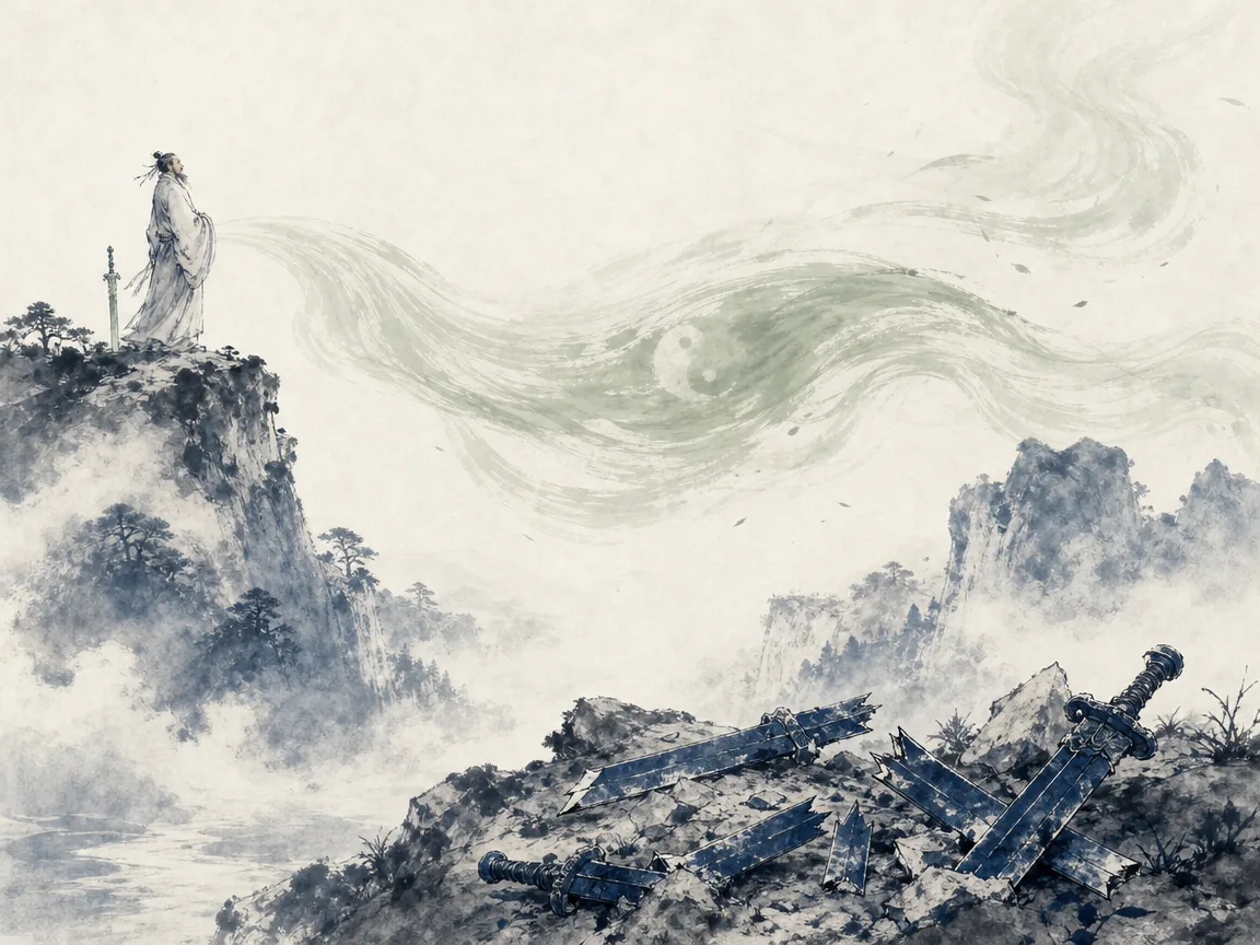 Fisherman in simple straw rain cloak speaking with honest open smile to scholar bowing stiffly on riverbank in lyrical atmospheric Chinese landscape and figure wash, illustrating natural unforced sincerity that cuts through exhausting artificial etiquette on ChiDestiny