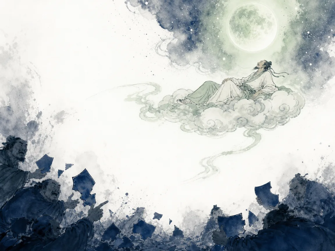 Solitary wanderer standing on the highest alpine ridge conversing silently with vast swirling galaxies and constellations in panoramic cosmic Chinese literati ink masterpiece, illustrating conversing alone with the spirit of heaven and earth without pride or contempt on ChiDestiny