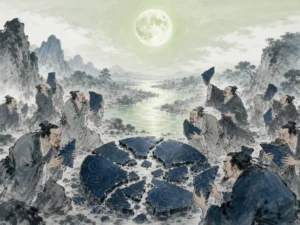 Mosaic mirror made of hundreds of tiny sharp glass shards reflecting fragmented distorted sky in intricate conceptual monochrome ink drawing, illustrating why hyper-specialized data fragments the soul without creating wisdom on ChiDestiny