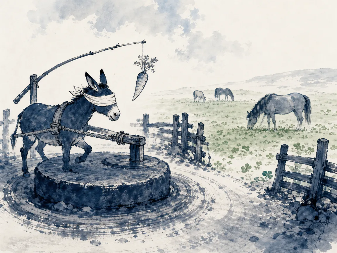 Runner stepping off automated running track to walk barefoot across dewy grass toward sunrise in liberating modern ink cartoon with crisp nature contrasts, illustrating releasing quantitative goal addiction to experience authentic freedom on ChiDestiny