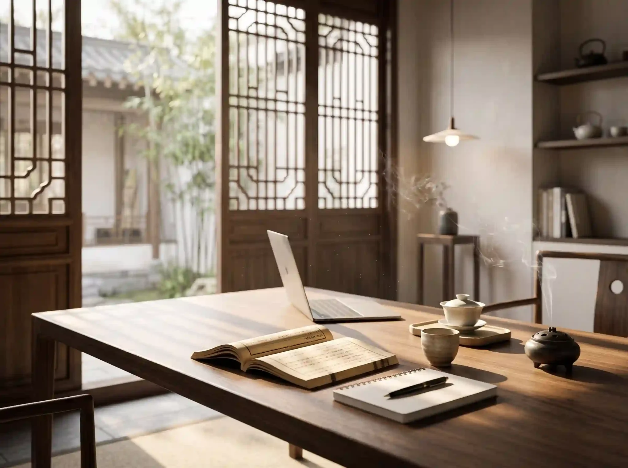 Traditional Chinese aesthetic arts showing calligraphy brush, tea utensils, and quiet elegance